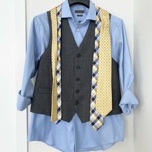 Men's Suit Set: Gray Vest and Pants with Blue Shirt and Yellow Ties